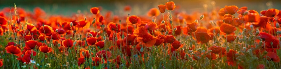 Detailed, high resolution panorama of flowering red poppies
