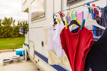 Clothes hanging to dry outdoor at caravan