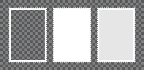 Postage stamp frames set. Empty border template for postcards and letters. Blank rectangle and square postage stamps with perforated edge. Vector illustration isolated on transparent background.