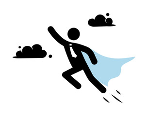 Superhero business pictogram man icon set. Superhero businessman flying stick figure. Victory worker, employer pictogram person. Vector illustration.