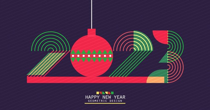 2023 numbers in minimalist style. New Year sign with lines and simple geometric shapes. Christmas card with red ball with green decoration. Bauhaus art flyer. Vector 2d illustration on dark background