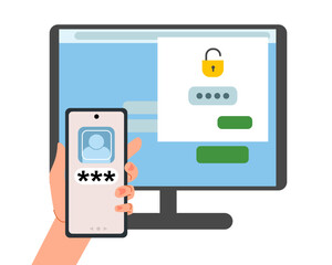 The security concept of two-factor authentication. Notification of login confirmation with a message to the phone. Smartphone in hand. Lock icons in the account on the computer monitor screen.