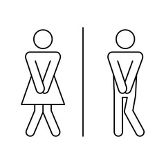 Wc toilet funny pictogram line sign. Woman, man pictogram figure toilet, restroom, washroom wc editable stroke icon. Humor, funny restroom door sticker. Vector illustration.