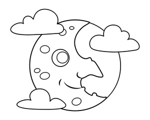 Moon Witch in Clouds coloring page. Outline cartoon vector illustration