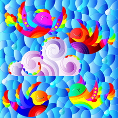 Fototapeta premium Illustration in stained glass style with bright cute birds and a cloud on a background of blue sky and raindrops, rectangular image