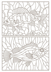 A set of contour illustrations of stained glass Windows with fish perch on the background of the bottom and algae , dark contours on a white background