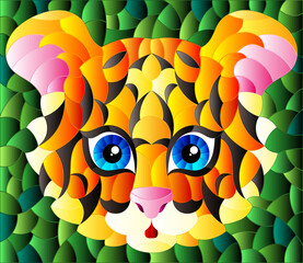 The illustration in stained glass style painting with a tiger's head on a green background, rectangular image