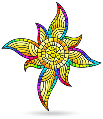 An illustration in the style of a stained glass window with a bright sun , isolated on a white background
