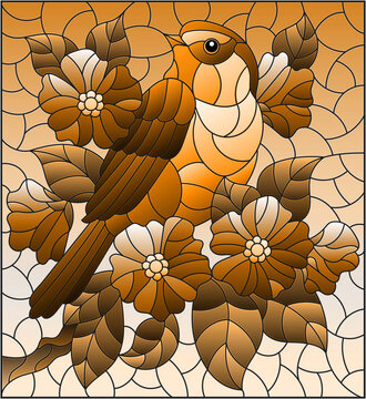 Illustration in the style of stained glass with a beautiful  bird on a background of branch of tree with flowers and sky, rectangular image, tone brown