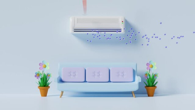 3d animation air conditioner system with anion, ozone, arrow air flows shows, bench or sofa in room isolated on blue background. 3d render illustration