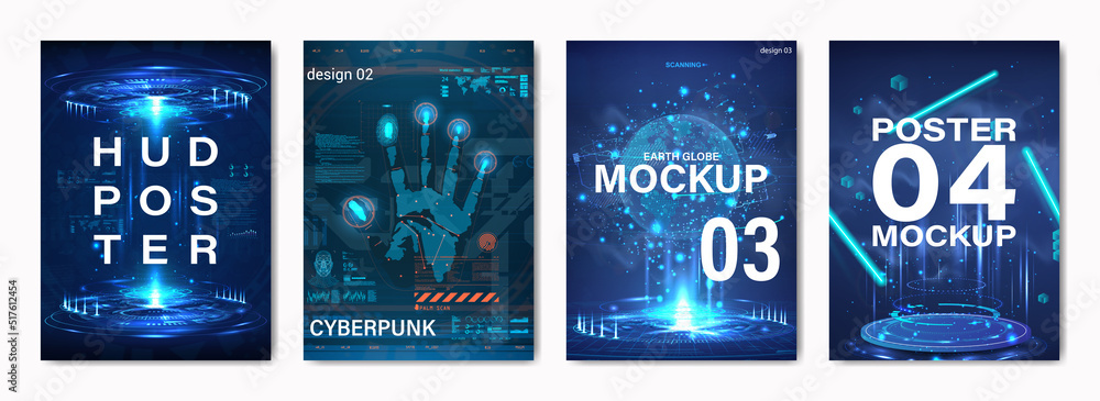 Poster hi-tech digital posters with futuristic elements and hud interface. scifi collection mockup posters 
