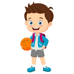 Cartoon little school boy holding a basketball