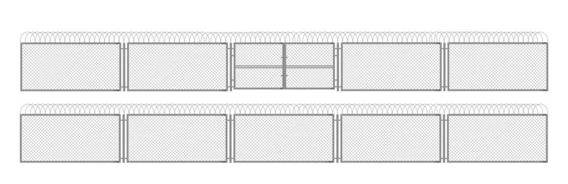 Fence with barbed wire, metal grid with gate. Steel fencing segments, prison perimeter protection barrier separated with poles, rabitz isolated on white background. Realistic 3d vector illustration