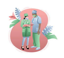 Two doctors disscuss a problem. Flat vector medicine design. Clinic, consultation. 
