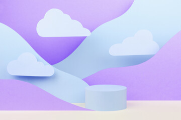 Funny children abstract stage - round podium mockup, mountain landscape - pastel blue, violet,...