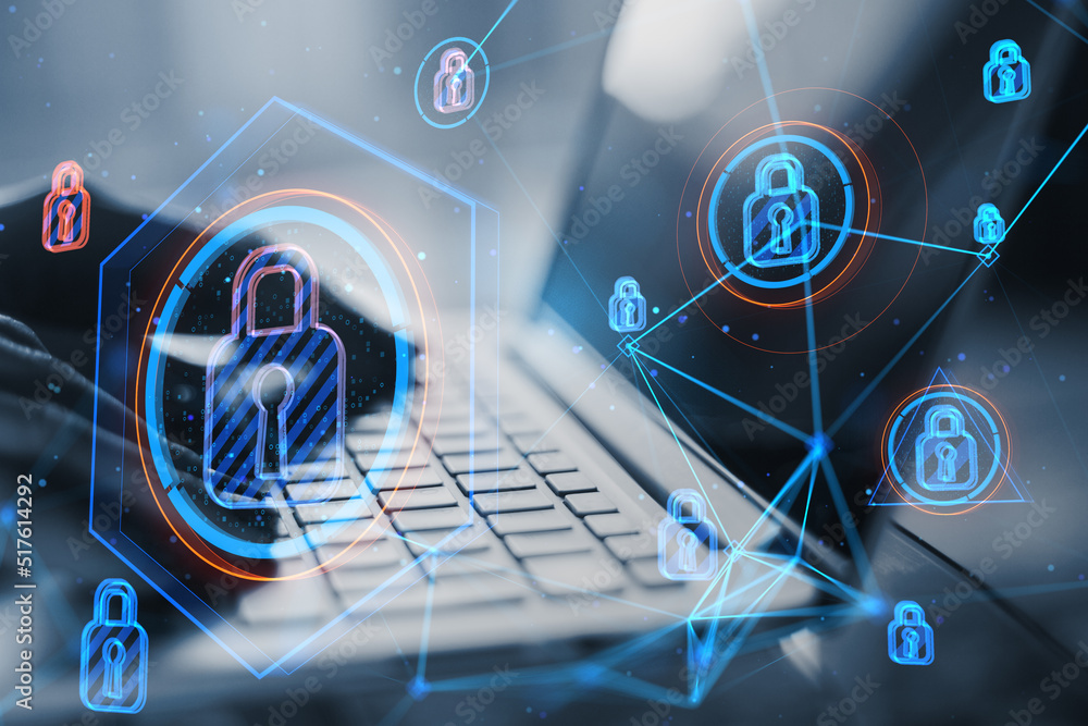 Poster Close up of hands using laptop with abstract glowing connected digital padlock hologram on blurry background. Computer safety and secure concept. Double exposure.