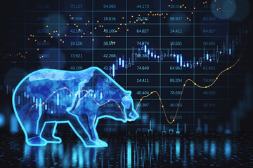 Silhouette form hologram of bear on financial stock market graph representing stock market crash or down trend investment on dark backdrop. 3D Rendering. - obrazy, fototapety, plakaty