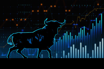 Concept of bullish market. Glowing bull hologram over forex chart on dark backdrop. Trade and invest concept. 3D Rendering.