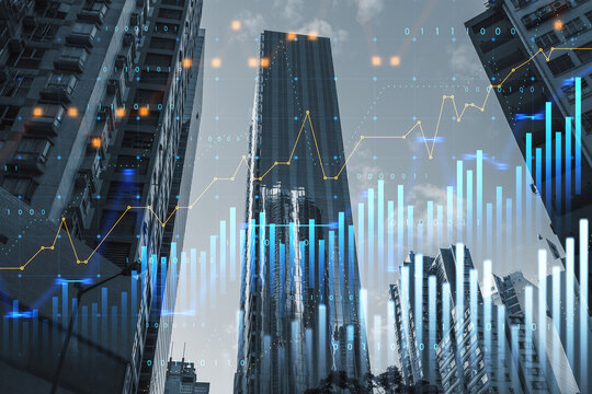 Abstract glowing and growing business graph hologram on blurry city buildings backdrop. Planning and strategy, stock market, business growth, progress and financial success concept. Double exposure. © Who is Danny