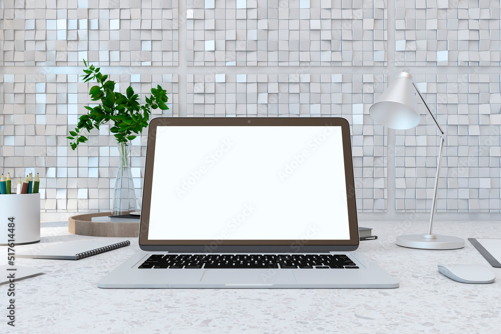 Poster close up of creative designer desktop with blank white laptop screen, lamp, supplies various other o