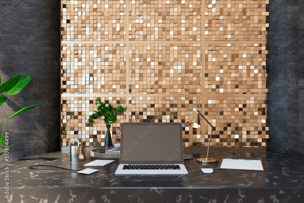 Poster close up of creative designer desktop with empty laptop screen, lamp, coffee cup, supplies various o