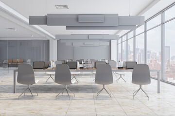 Luxury concrete, glass and marble meeting room interior with window and city view. Law and legal, corporate workplace concept. 3D Rendering.