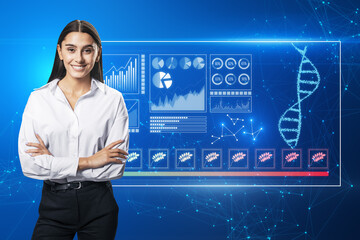 young caucasian businesswoman standing next to holographic projection. Futuristic medicine research...