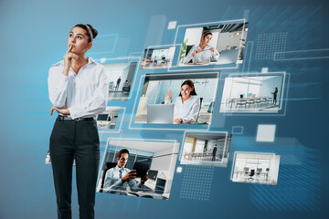 Attractive young european businesswoman looking at creative digital picture gallery on polygonal blue background. Photo album and media technology concept. Going through images.