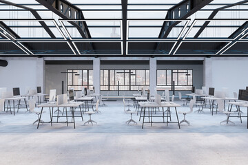 Contemporary coworking office interior with furniture, window with city view and open ceiling. 3D Rendering.