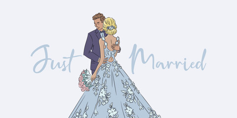 Wedding horizontal banner design template. Cute young married couple fashion beautiful bride with bouquet. Hand drawn vector illustration