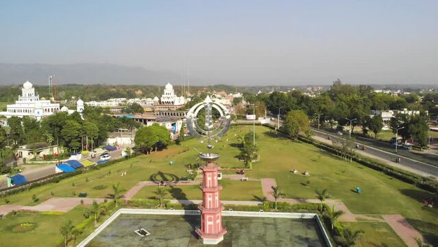 Aerial view of the emblem of sikhism (Khanda - Nishan Sahib)