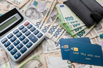 euro and hryvnia banknotes with credit card purse, financial conept, exchange. Eur  vs UAH