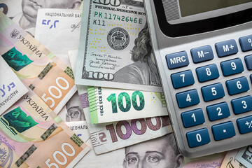 euro, dollars, hryvnia currency with calculator. Financial background