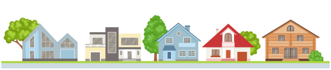 Row of houses on the street isolated om white background. Cute city concept horizontal banner. Vector buildings icons in simple, flat style. Village houses, skyline view.