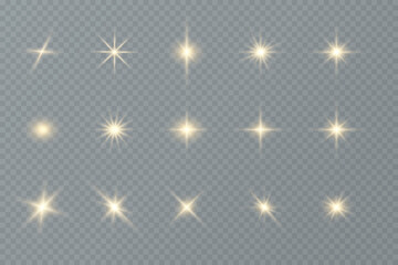 Fototapeta na wymiar Shining golden stars. Light effects, glare, glitter, explosion, golden light. Vector illustration.