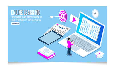 3D isometric Online education concept. Can use for web banner or infographics. Vector illustration eps10