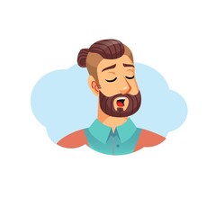 Vector flat cartoon young hipster man character head avatar,male face with closed eyes talking on empty background-fashion lifestyle,social media concept,web site banner ad design