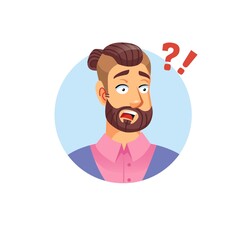 Vector flat cartoon young hipster man character head avatar,male face with surprised expression emotion on empty background-fashion lifestyle,social media concept,web site banner ad design