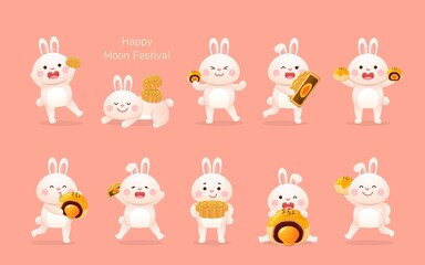 10 Cute Rabbit Mascot Characters and Traditional Food or Dessert for Mid-Autumn Festival: Mooncakes