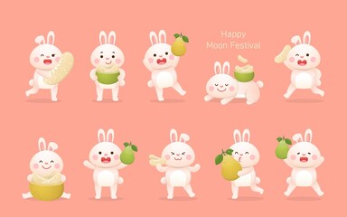 10 Cute Rabbit Mascot Characters with Mid-Autumn Festival and Pomelo