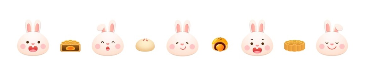 A set of cute bunny mascot characters with traditional food or dessert for mid-autumn festival: moon cake
