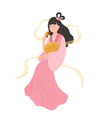 Beautiful woman in Chinese dress with moon cakes, fairies in mid-autumn festival, legends and stories, traditional asian festival