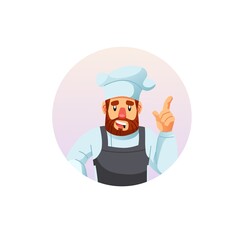 Vector cartoon flat man character in circle,chef at work shows teaching gesture-restaurant catering industry staff,professional food cooking courses concept,web site banner ad design