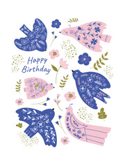 Folk vector card with colorful bird and meadow flowers. Cute birthday card