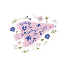 Folk vector card with colorful bird and meadow flowers. Cute birthday card