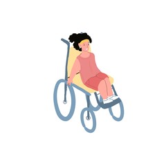 Fototapeta na wymiar Vector cartoon flat girl character sits in wheelchair-disabled childrens care and support theme,equal human rights,social justice,happy childhood for all children concept,web site banner ad design