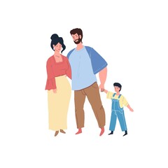 Vector cartoon flat happy family characters parents and kid,smiling mom,dad and son holding hands-positive emotions,healthy united family relationships social concept,web site banner ad design