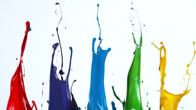 Colorful Paint Splashes in Super Slow Motion Isolated on White Background, 1000fps.