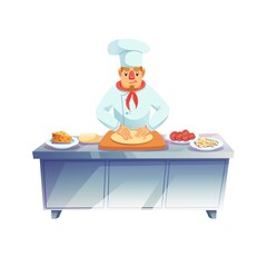 Vector cartoon flat man character chef cooks meal,preparing dough for baking-catering industry restaurant kitchen interior,professional food cooking workflow concept,web site banner ad design