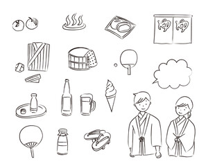 温泉の線画イラストセット（筆）